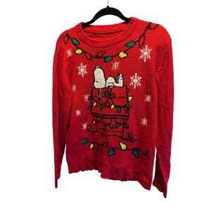 Snoopy Peanuts Christmas Ugly Sweater Red Knit Holiday Lights Doghouse XL Unisex